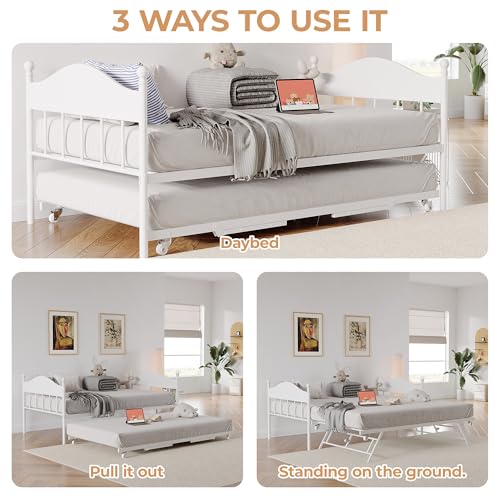 Image of Garvee Twin Daybed with Trundle, Twin Bed Frame with with Stylish Headboard, Heavy Duty Steel Slats Platform for Living Room, Bedroom, White