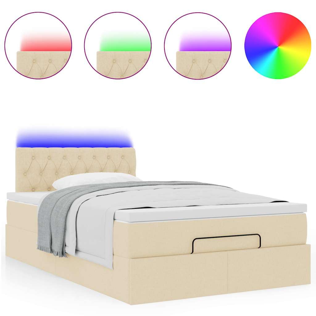 Cama otomana con colchón, 120 x 200 cm, tela crema, LED, gran espacio de almacenamiento, mecanismo de elevación hidráulica para jóvenes y habitaciones de invitados