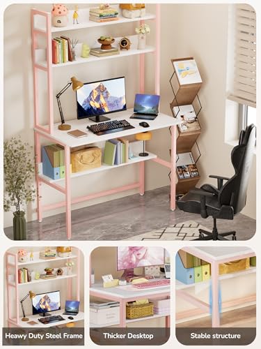 Image of Aquzee 40 Inch Pink Desk with Shelves, Computer Desk with Hutch