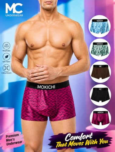 Image of Men's Boxer Briefs for Men, Stretchable Trunks Underwear, Soft Comfortable Fit, Breathable Mid-Rise Boxer Shorts, Assorted Solid & Printed Designs, Pack of 5