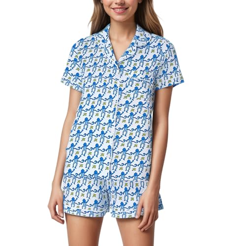 Image of Ammiko Womens Pajamas Set Y2k Loungewear Pajama Button Down Top and Shorts Monkey Beach Short Sleeve Sleepwear Preppy