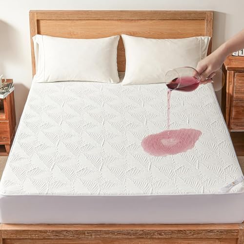 BEDLORE ダブル ボックスシ一ツ 防水·防ダニ 柔らかく肌に優しい ズレにくい ベッドカバー 通気性よい 中綿 着脱楽々 オールシーズン 敷きパッド ホワイト 120X200cm