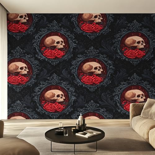 Papier Peint Crâne Gothique Intissé Squelette Rose Baroque Fresque Murale
