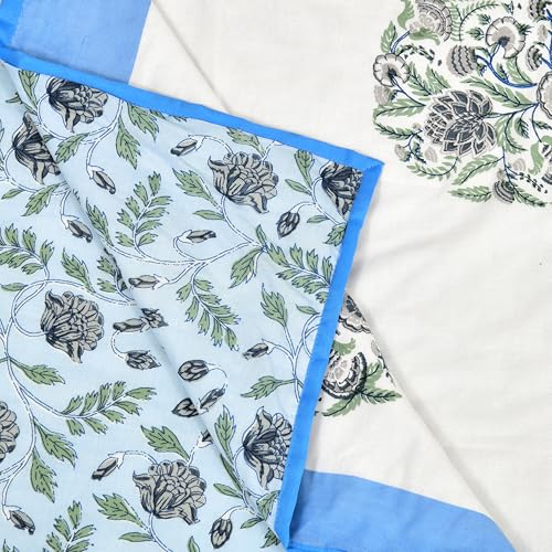 Image of BLOCKS OF INDIA 100% Cotton Dohar King Size Reversible Hand Block Printed Malmal Summer Dohar /Blanket (Blue Tree of Life)