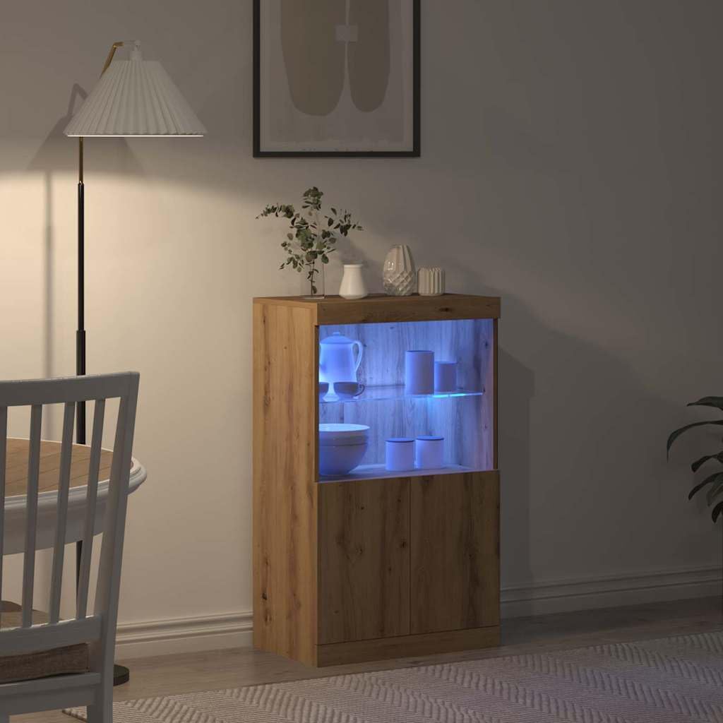 Deskorolka LED brązowa z materiału drewnopochodnego 60 x 37 x 100 cm z paskami LED RGB, drzwiczkami na płaszczyźnie, szklane regały, idealna jako kredens, szafka do jadalni i salonu