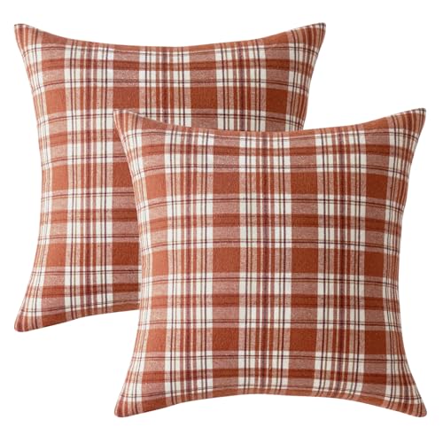 Image of MIULEE Fall Plaid Pillow Covers Scottish Tartan 24x24 Rust Orange | Set of 2 Fall Decorations Euro Cushion Covers, Farmhouse Winter Home Decor, for Thanksgiving Sofa Couch Bed Living Room