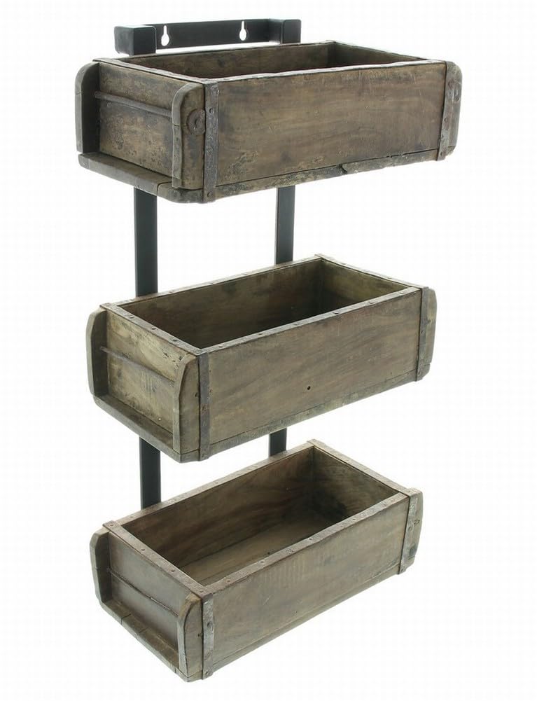 Dekoleidenschaft Wandregal Kolonial aus recyceltem Holz im Used Look, Regal mit 3 Holzkisten, Hängeregal, Pflanzenregal, Blumenregal, Pflanzgefäß, Standregal, Pflanzkasten, Küchenregal