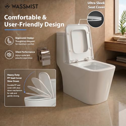 Image of WASSMIST Commode Toilet | Floor Mount One Piece Western Toilet for Bathroom with 10 Year Glaze Warranty | Rimless Tornado Washdown Flush | PP Soft Close Seat Cover | 225 mm S Trap