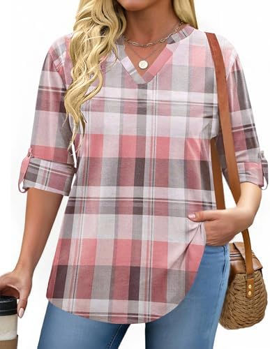 IN’VOLAND Womens Plus Size Long Sleeve Tops V Neck Plaid Roll Up Shirts Basic Casual Work Blouses IN’VOLAND Womens Plus Size Long Sleeve Tops V Neck Plaid Roll Up Shirts Basic Casual Work Blouses