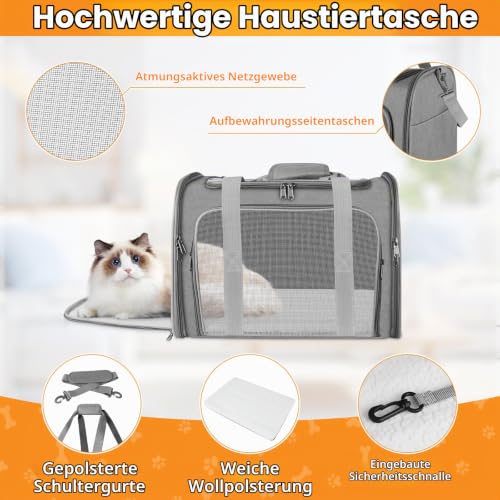 Transporttasche Katze und Hund, 45x30x30 cm Transportbox Katze, Katzentransporttasche Faltbar und Atmungsaktiv, Autoreise Transportbox für Katze und Mittelgroße Hund
