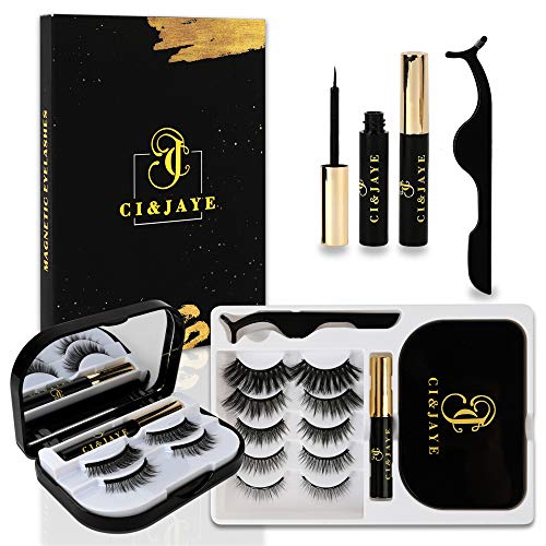 CI&JAYE Updated Magnetic Eyelashes with Eyeliner Kit Natural Look.2 Tubes of Waterproof Liquid Magnetic Eyeliner & 7 Pairs Reusable False Magnetic Lashes with Applicator & Case, No Glue Needed