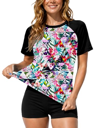 Image of AOBUTE Women Short Sleeve Rash Guard UPF 50+ Tropical Sun Protection Floral Swim Shirts