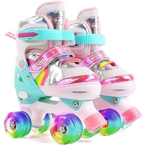Ceestyle Rainbow Adjustable Quad Roller Skates Kids, All Light Up Wheels of Skates Shine, Illuminating Light Up Wheels Cover