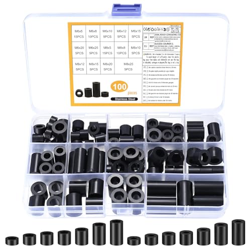 100 Piezas Arandelas Espaciadoras Redondas, M6 M8 Junta de Nylon, Espaciadores de Soporte de Columna de Aislante, Arandelas Separadas para Tornillo/Tubo/Arandela(Negro)