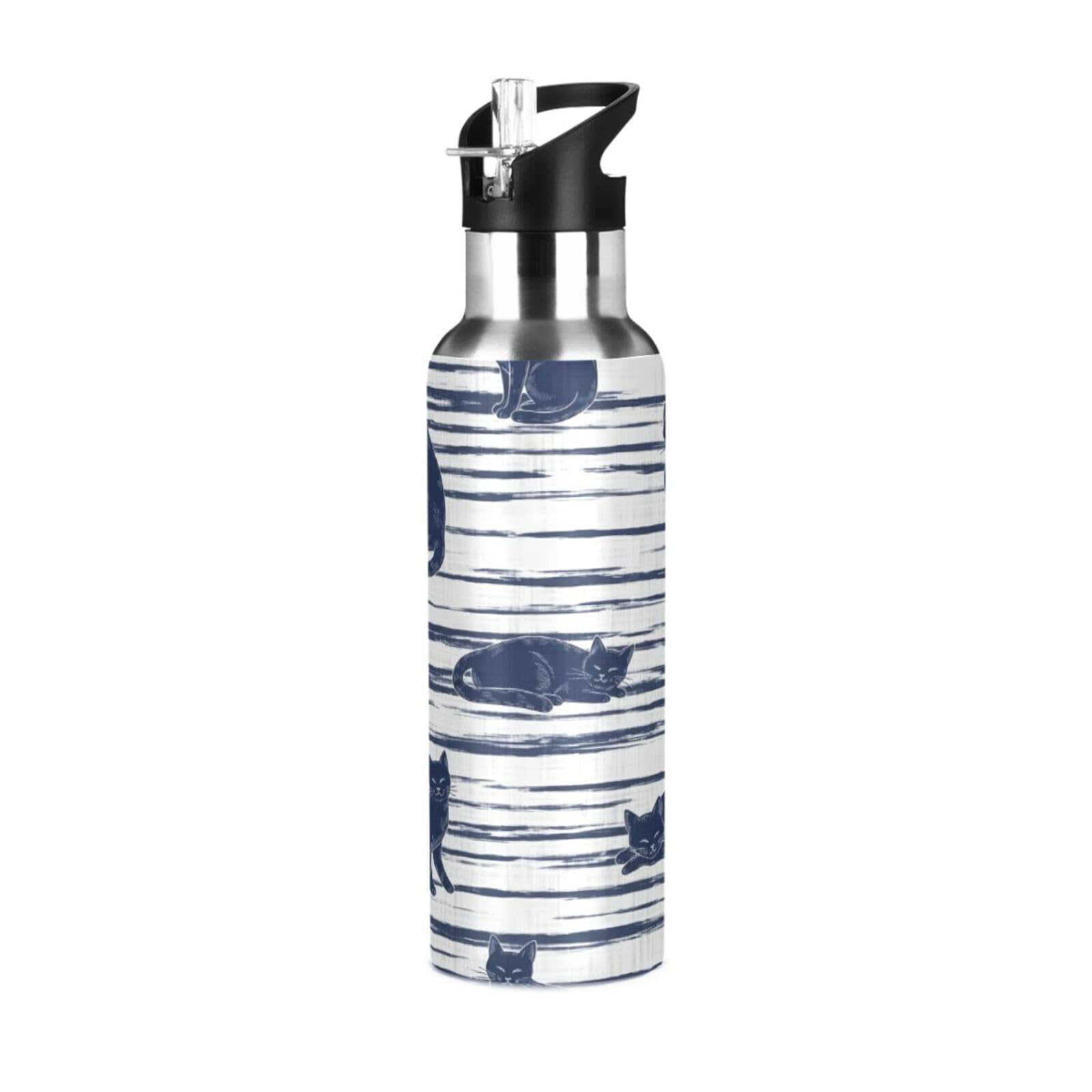 BOESI Cats and Stripes Insulated Water Bottle 600ml, Stainless Steel Vacuum Sports Bottle with Straw, Leak Proof Thermal Bottle for Gym Travel Outdoor