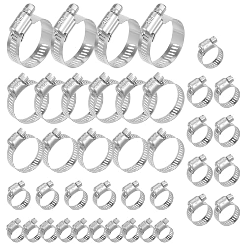 40Pcs Hose Clamps,Stainless Steel Hose Clamp Assortment Kit, 1/4' to 1-1/2' (6–38mm) Adjustable Worm Gear Pipe Hose Clamp For Fuel Line，Plumbing, Applications, Tube, Garden