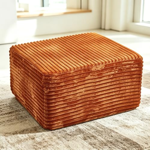 Image of 93 inch U-Shaped Boneless Couch, Corduroy Cloud Couch Sectional with Chaise and Ottoman, Deep Seat Modular Sectional Sofas for Living Room, No Assembly - Orange (Right Facing Chaise)