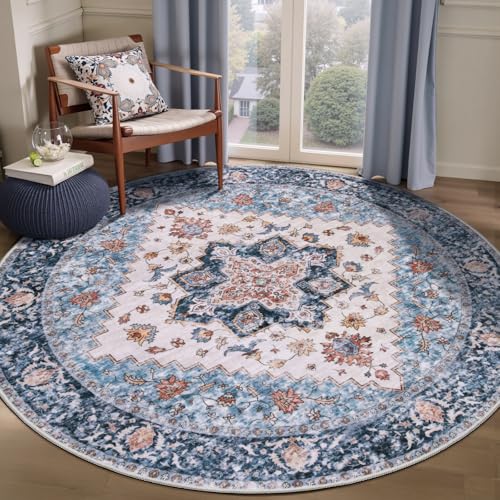 SERISSA Boho Round Area Rug, 5ft Washable Non-Slip Circle Rug, Ultra Soft Oriental Vintage Blue Orange Low-Pile Circular Carpet for Bedroom Entryway Kids Room Office College Dorm Living Room
