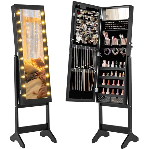 CHARMAID Jewelry Cabinet with Full Length Mirror and Warm Lights, Lockable Jewelry Armoire with Storage, 4 Tilt Angles, Standing Jewelry Organizer with Makeup Mirror for Girls Bedroom (Black)