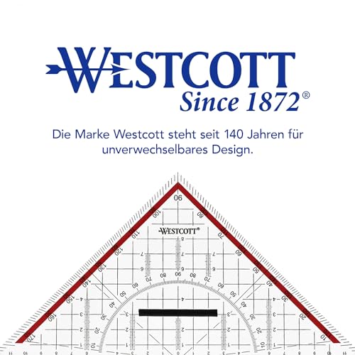 Westcott Geometriedreieck 22 cm mit abnehmbarem Griff | Transparentes Geometrie-Dreieck aus Kunststoff mit roter Skala | Technische Skala & Winkelmesser für Schule, Uni oder Büro | E-10142 00