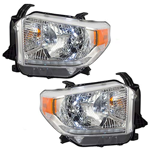 Brock Replacement for Pair Set Halogen Combination Headlights Headlamp w/Chrome Bezel Compatible with 14-17 Tundra w/Power Leveling & LED DRL 811500C101 811100C101