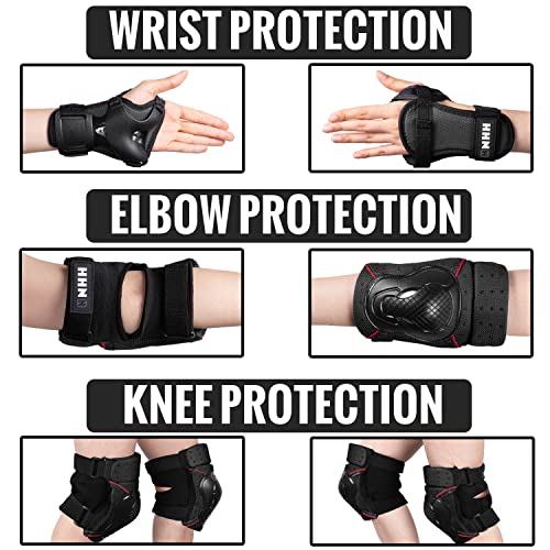 Nhh Skateboard Knee Pads Set - 6 In 1 Protective Gear Set Knee Pads Elbow Pads And Wrist Guards For Kids Youth Adults Men And Women (Black-Red, Medium) #TOP2
