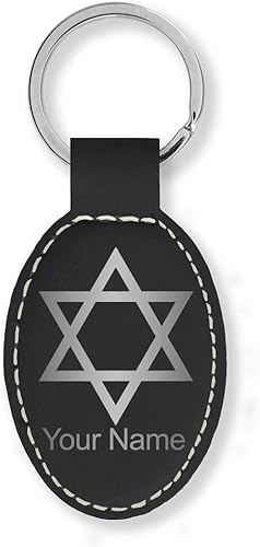 LaserGram Llavero ovalado, estrella de David, grabado personalizado incluido (negro con plata)