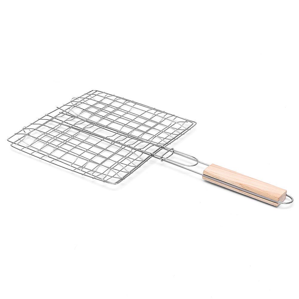Cesta para asar a la parrilla de doble capa, plegable, portátil, de acero inoxidable, para parrilla de barbacoa, para pescado asado, verduras, filete de camarones con mango de madera desmontable