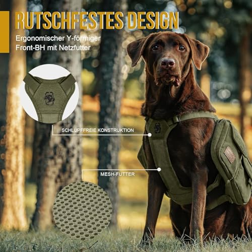 OneTigris Hundegeschirr mit Tasche, Hoppy Camper 3.0 Camping Wandern Hunderucksack für für Mittlere/Große Hunde, Rucksack für Hunderücken 2 Haupttaschen 4 Nebentaschen - Grün M