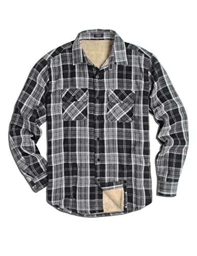 Coofandy Mens Fleece Flannel Jacket Long Sleeve Camp Lined Plaid Shirt Black #TOP26