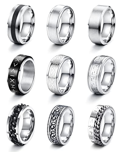 LOLIAS 9 Stück Edelstahl Herren Ringe Silber Schwarz Matt Finish Poliert...