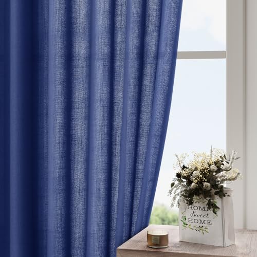 Image of Classic Blue Linen Curtains 84 Inch Length 2 Panels Set for Living Room Rod Pocket Back Tab Light Filtering Window Drapes for Bedroom Dining Room Protect Privacy Modern Farmhouse Decor 52x84