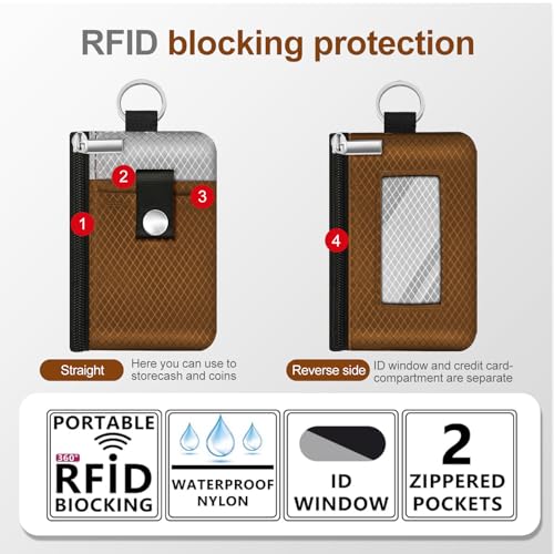 Image of Minimalist RFID Blocking Small Wallet with ID Window,WaterResistant Zip Id Case Wallet with Lanyard Keychain for Cards,Cash,Travel,Women,Men (Brown /Light Grey)