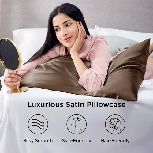 Image of Bedsure Satin Pillowcases, Similar to Silk Pillow Cases Queen Size Set of 2, Pillow Case for Sleeping Women with Envelope Closure, Gifts for Women Men, Brown, 20x30 Inches, 2pcs
