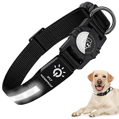 TagME Leuchthalsband Hund, Wasserdicht LED hundehalsband mit Air Tag Halter für Große Hunde, Glühend Nylon Halsband für Nachtsicherheit, Schwarz Cover
