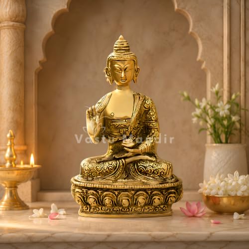 Image of Brass Blessing Buddha Idol, Vastu Remedy for Meditation (19 cm, 1.07 kg)