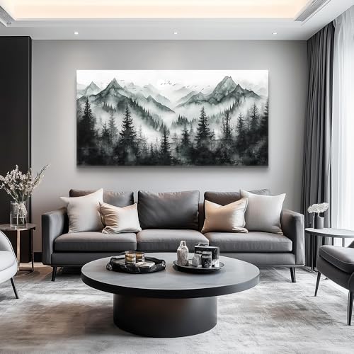 KELIYUAN Wall Decor Large Canvas Painting Wall Art For Bedroom Living Room Decor Black And White Foggy Forest Mountain Ink Landscape Paint Art Print Picture For office Dining Room Mural 30x60 In