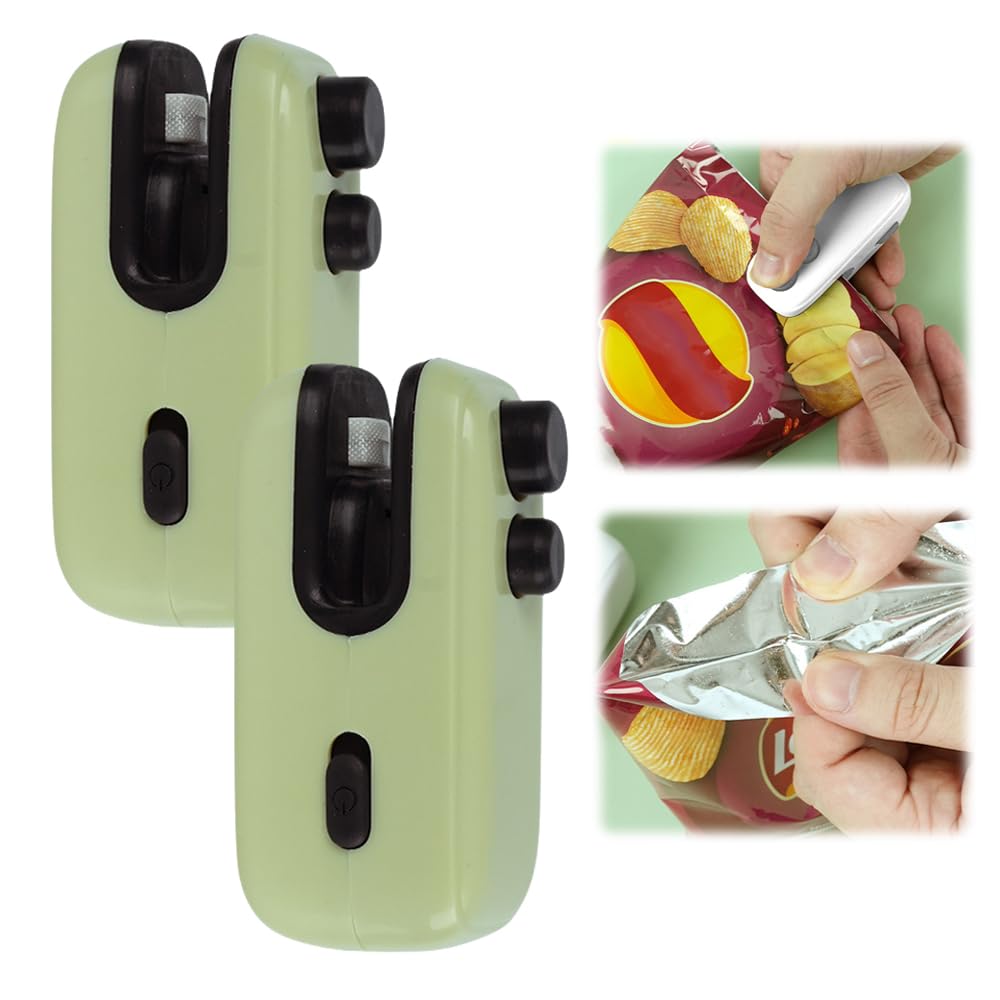 Mini Bag Sealer, Upgraded 2 in 1 USB Rechargeable Bag Sealer Heat Seal Tool, Portable Vacuum Sealer, Mini Sealing Machine Heat Seal Tool, Snack Sealer Household Mini Sealing Machine (Green-2pcs)