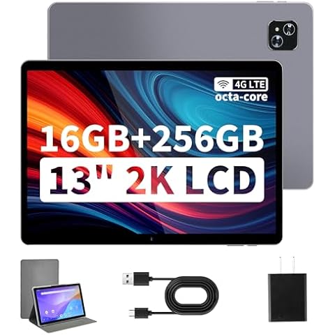 Veidoo 13 Inch Android Tablet, 2K 2160x1440 FHD Screen, 16GB (8+8 Expand) RAM 256GB ROM with 1TB Expand, Octa-Core Processor, Dual Nano SIM Card 4G LTE Tablet with 2.4G / 5G WiFi, 10000 mAh Battery Cover