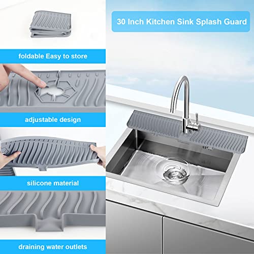 Image of Derlights 30 inch Sink Splash Guard Mat,Silicone Faucet Handle Drip Catcher Tray, Longer Silicone Sink Mat for KitchenBathroom, Drip Protector Splash Countertop (gray)