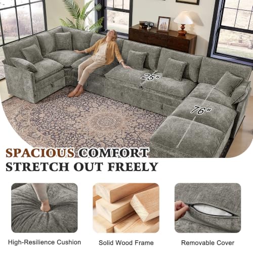 Image of Ihanherry Oversized Modular Sectional Sofa with Storag, 8-Seater V Shaped Cloud Couch with Movable Ottomans, Chenille Deep Seat Corner Couches for Living Room (Grey)