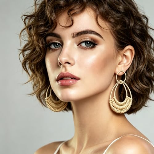 Image of 4 Pairs Handmade Raffia Rattan Bohemian Round Drop Dangle Earrings for Women, Boho Statement Cute Fun Hoop Earrings Set