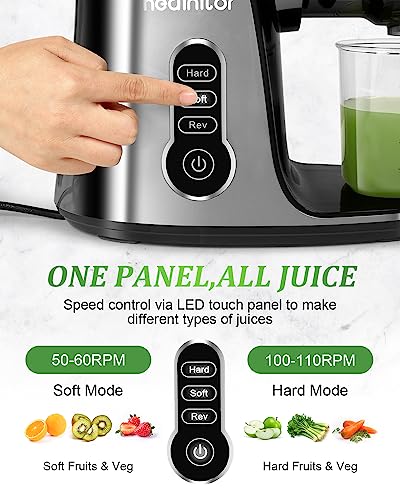Touch Led Display Masticating Juicer Machines Vegetable And Fruit, Healnitor Cold Press Slow Juice Extractor Machines With Triple Mode, Easy To Clean Brush & Quiet Motor, 500Ml Travel Bottle, Grey #TOP1