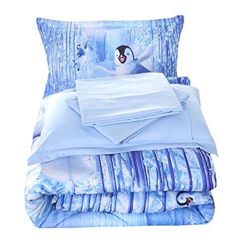 Wowelife 3D Penguin Comforter Set Twin Penguin Playing in Snow White and Blue Bed Set 5 Piece Kids Bedding with Comforter, Flat Sheet, Fitted Sheet and 2 Pillow Cases(White Penguin, Twin)