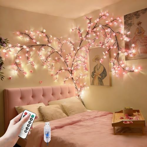 FIALAME Cherry Blossom Lights for Bedroom Wall Decorations 4 FT 48 LED Cherry Blossom Decor 2026 New Dimmable Light-Up Pink Bedroom Decor with Remote Timer 8 Lighting Modes