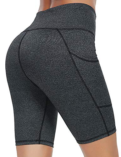 CzDolay Tight Yoga Shorts for Women with 2 Side Pockets Tummy Control Running Home Shorts (Gray, Large)