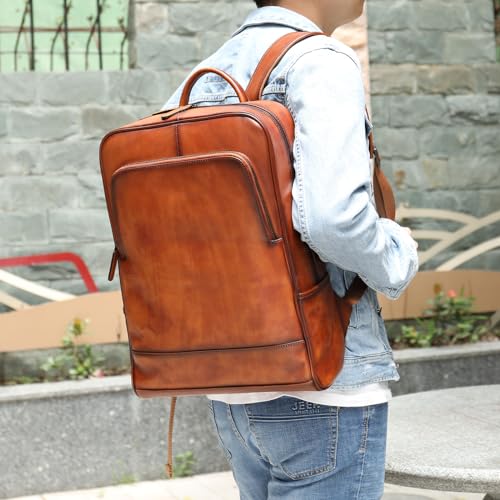 15.6" Vintage Leather Laptop Backpack for Men，Full Grain Leather Hiking Travel Bag Camping Daypack Brown2