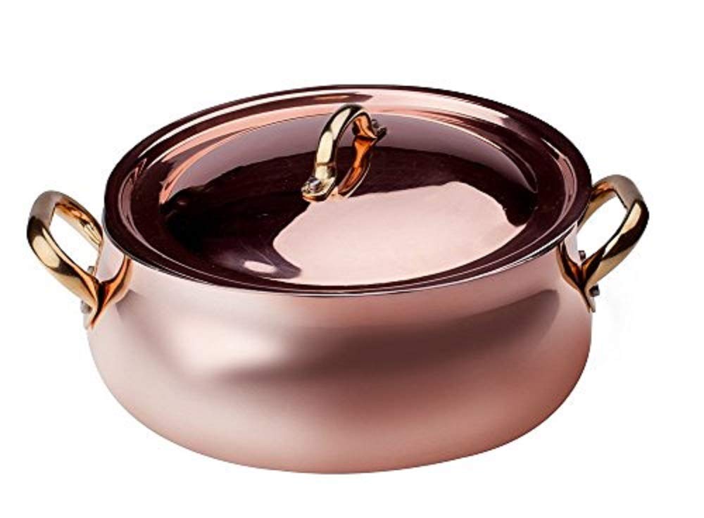 Pentole Agnelli ALCU108C24 Low Rounded Casserole with Two Brass Handles and Lid, Hand-Tinned Smooth Copper, 24 cm