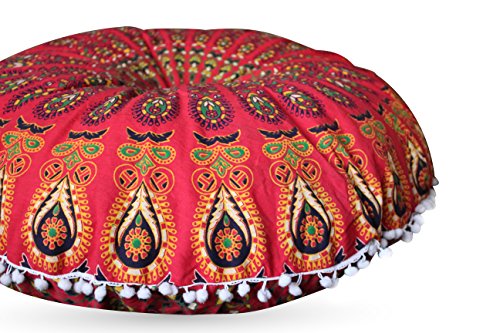 Hippie Room Decor Meditation Boho Floor Pillow Outdoor Cushion Cover Mandala 32 Inch Round Floor Bohemian Sitting Pouf Seating Adult Morrocan Floor Pillow Indian Circular Red Color Circle #TOP10
