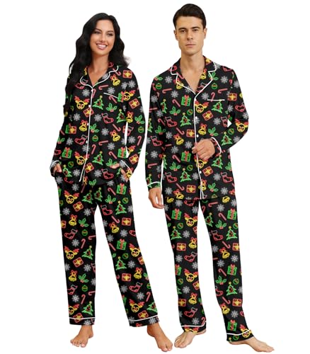 Image of RAISEVERN Couples Christmas Matching Pajamas 2 Piece Women Men Xmas Pjs Soft Pajama Set Long Sleeve Loungewear Warm Sleepwear